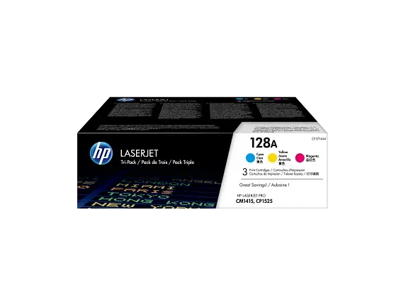 HP CE321A CE322A CE323A 128A colour toner three-pack packaging
